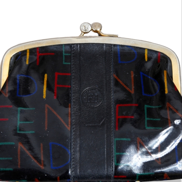Fendi Handbags - FENDI Black Patent Leather Rainbow Monogram Coin Purse